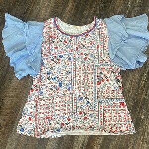 Fun Blue and Red Floral Shirt, with Puffy Sleeves